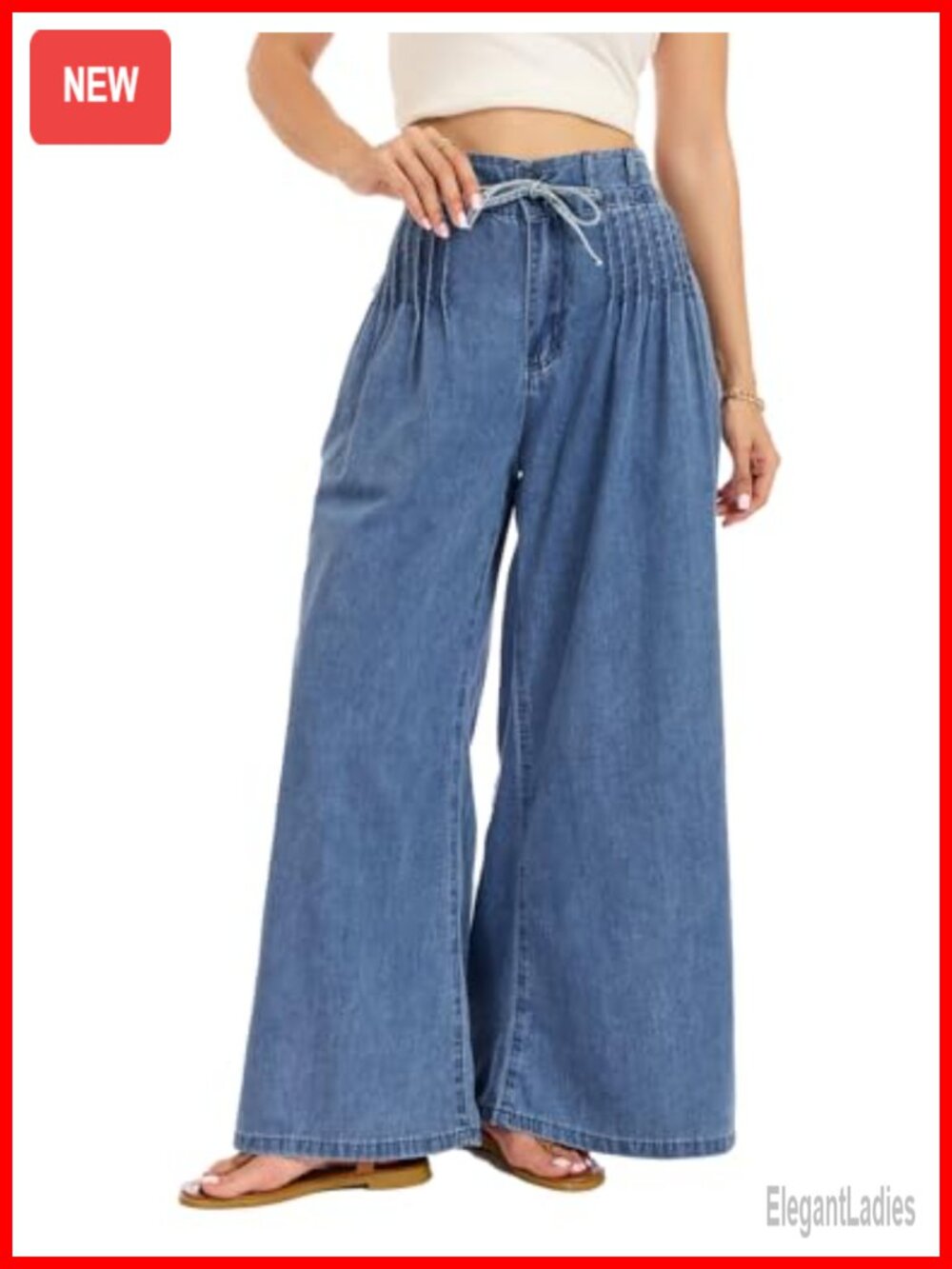 Women's Palazzo Wide Leg Jeans High Waist Drawstring Pleated Denim Pants